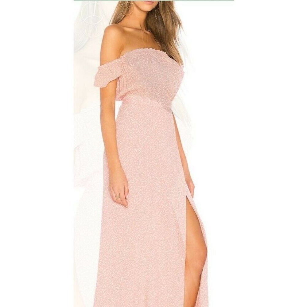 New Flynn Skye Bella Maxi Dress Womens L Pink Circle White Dots Off Shoulder